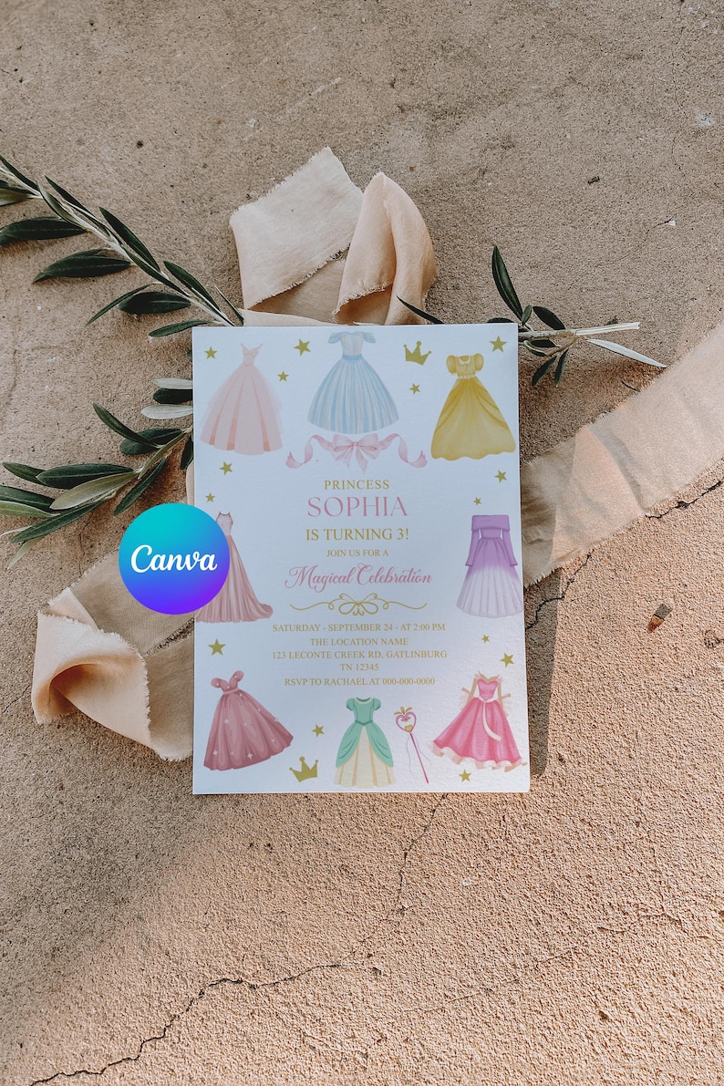 K&ouml;nnte beinhalten: Eine Party-Einladung mit Illustrationen von Prinzessinnenkleidern in verschiedenen Farben. Der Text lautet "Princess Sophia is turning 3!". Das Canva-Logo ist sichtbar. Die Einladung enth&auml;lt Eventdetails.