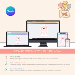 May include: A digital design template displayed on a laptop, desktop, tablet, and smartphone. The template features a pink bow and cherry design. The Canva logo is in the upper left corner. Text reads "Easy to Edit & Download in Canva."