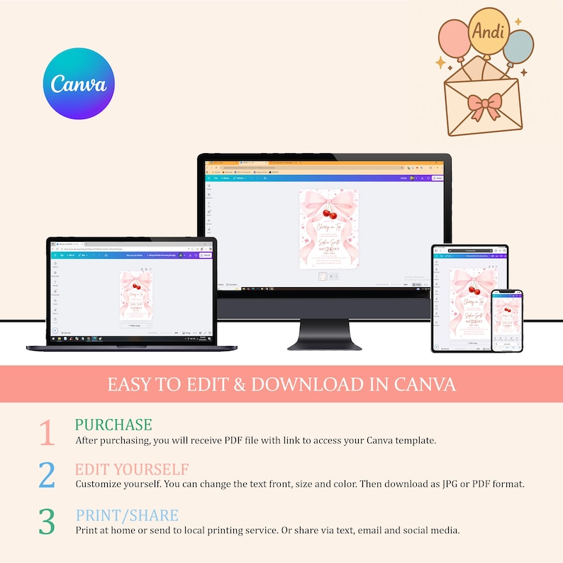May include: A digital design template displayed on a laptop, desktop, tablet, and smartphone. The template features a pink bow and cherry design. The Canva logo is in the upper left corner. Text reads "Easy to Edit & Download in Canva."