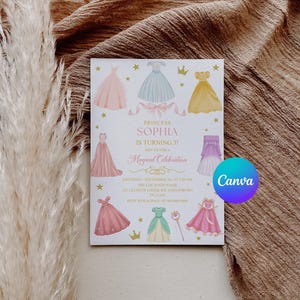 K&ouml;nnte beinhalten: Eine Geburtstagseinladung mit Aquarellillustrationen von Prinzessinnenkleidern in Rosa, Blau und Gelb. Die Einladung lautet "Princess Sophia is turning 3!" und enth&auml;lt Veranstaltungsdetails. Ein Canva-Logo ist sichtbar.