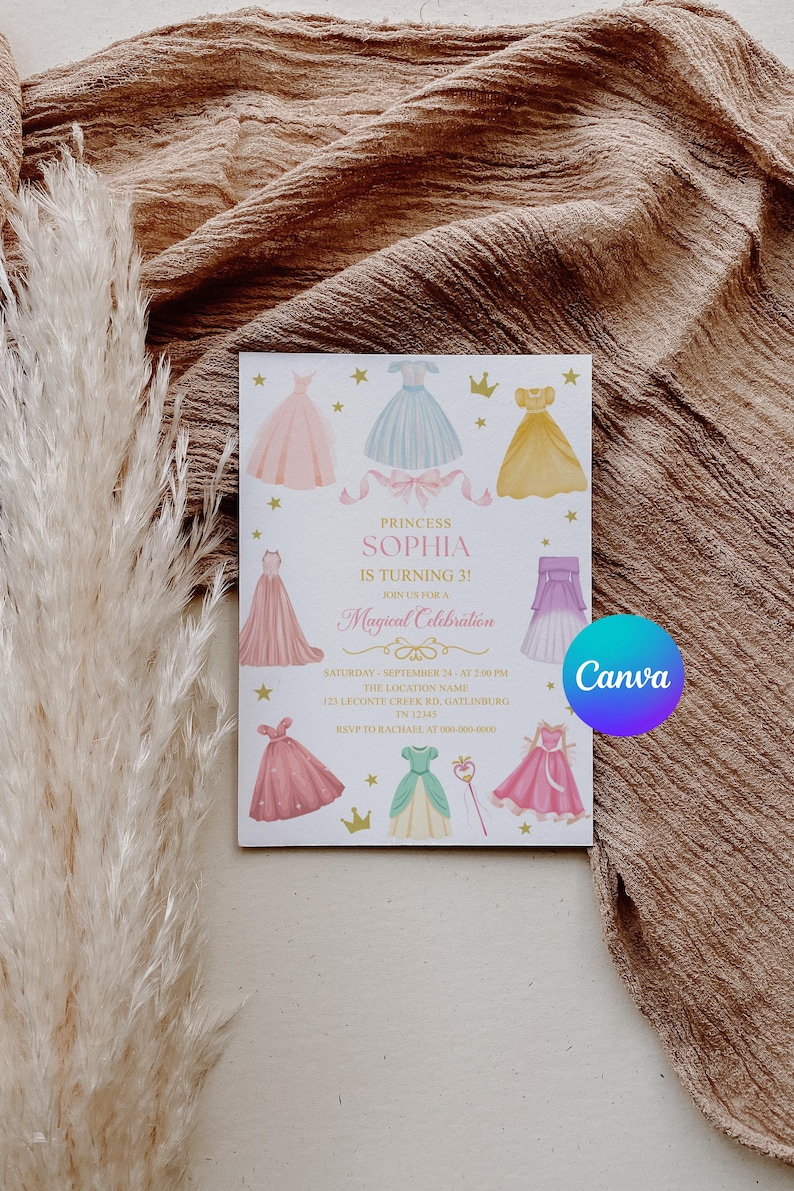 K&ouml;nnte beinhalten: Eine Geburtstagseinladung mit Aquarellillustrationen von Prinzessinnenkleidern in Rosa, Blau und Gelb. Die Einladung lautet "Princess Sophia is turning 3!" und enth&auml;lt Veranstaltungsdetails. Ein Canva-Logo ist sichtbar.