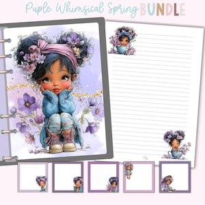 May include: A Purple Whimsical Spring Bundle featuring a notebook, lined paper, and sticky notes. The notebook and paper have illustrations of a girl with flowers. The sticky notes have illustrations of a girl in a teacup. The text "Purple Whimsical Spring BUNDLE" is at the top.