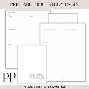 Pode incluir: Um conjunto de páginas de estudo bíblico imprimíveis em branco com texto preto. As folhas apresentam seções para data, escrituras, palavras-chave, referências cruzadas, contexto, notas, aplicação e perguntas sobre Deus e sobre si mesmo.