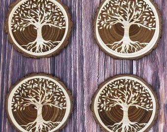 Laser Engraved Tree of Life Wood Slice Coasters Set of 4
