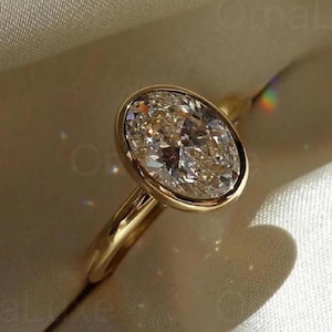 2 CT Oval Cut Moissanite Engagement Ring, Bezel Set Ring, Oval Solitaire Ring, 14K Yellow Gold Ring, Promise Ring, Anniversary Gift For Her.