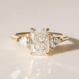 Three Stone Elongated Cushion Cut Moissanite Engagement Ring, 14K Yellow Gold Ring, Wedding Ring, Promise Ring, Anniversary Gift For Her.
