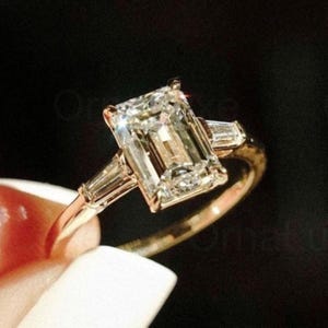 2.70 CT Emerald Cut Moissanite Engagement Ring, Three Stone Tapper Baguette Ring, Yellow Gold Emerald Ring, Proposal Ring, Anniversary Gift.