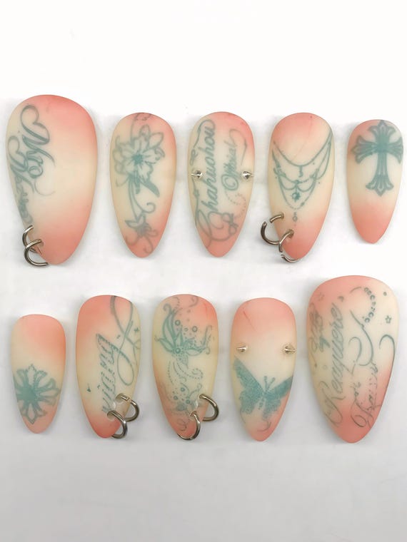 Tattoo Inked Blush Pressons, Pierced Calligraphy Gel Extensions, Acubi Y2K Tips, Meh Nail Art