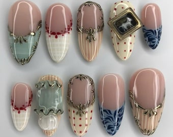 Cottagecore Press On Nails: Vintage Floral, Soft Pastel