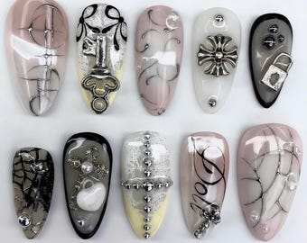 Locked Love Press On Nails, Metallic 3D Nail Set, Neutral Chrome Style, Gothic Silver Design, Meh Nail Art