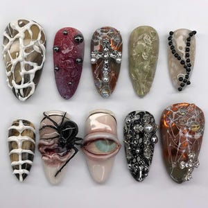 Creepy Doll Press-On Nails, Gothic Style Nail Art, Spooky Halloween Nails, Handmade Reusable Nails, Dark Aesthetic Nails, Witchy Nail Set