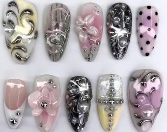 Bloom Chrome Press On Nails, Pastel 3D Nail Set, Pink Silver Style, Feminine Metallic Design, Meh Nail Art