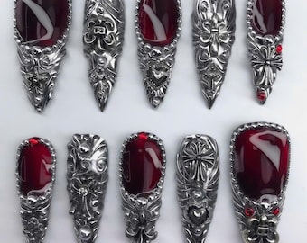 Baroque Gothic Press On Nails, Silver Chrome and Red 3D Sculpted Nails, M, Handmade Dark Gothic Nail Set, Méh Nails Art