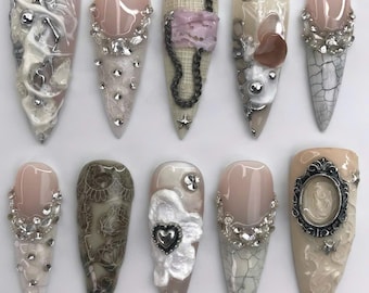 Dark Cottagecore Press-On Nails: Gothic Vintage Handmade Nail Set