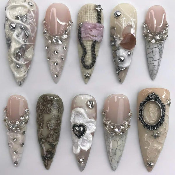 Dark Cottagecore Press-On Nails: Gothic Vintage Handmade Nail Set