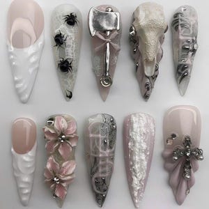Morbidcute Press-On Nails, Cute Dark Aesthetic Nail Set, Handmade Alternative Nails, Soft Edgy Vibes, Méh Nails Art