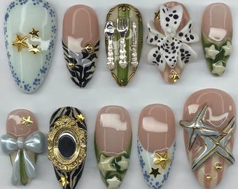 Abstract Press On Nails: Edgy Punk Nail Art, Colorful Grunge Vibe