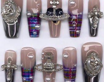 Uñas postizas con diseño de tartán glamuroso, elegante diseño de cuadros escoceses, manicura artesanal de lujo, elegante accesorio de moda, manicura Méh