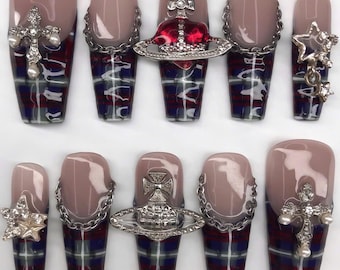 Uñas postizas con diseño de tartán glamuroso, elegante diseño de cuadros escoceses, manicura artesanal de lujo, elegante accesorio de moda, manicura Méh
