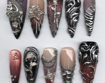 Chrome Rosen Drücken Sie auf die Nägel, Gothic 3D Metallic Rose Nägel, Handgefertigte Luxus falsche Nägel, Benutzerdefinierte Nagelset, Halloween Nagelset, Méh Nails Art