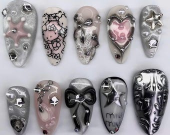 Silver Chrome Y2K Goth Press On Nails, Miu Miu Bow Heart Star Design, Meh Nail Art