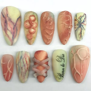 Puede incluir: Un juego de diez uñas postizas en forma de almendra con varios diseños en tonos melocotón, crema y rojo. Las uñas muestran texturas que incluyen protuberancias circulares en relieve, patrones de venas, bandas entrecruzadas y el texto Born to Die.