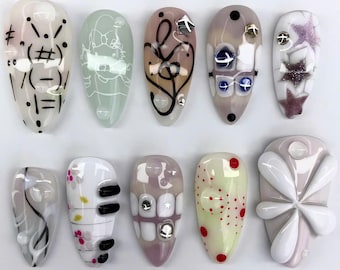 Artcore Symphony Press On Nails, Abstract 3D Design, Neutral Modern Style, Meh Nail Art