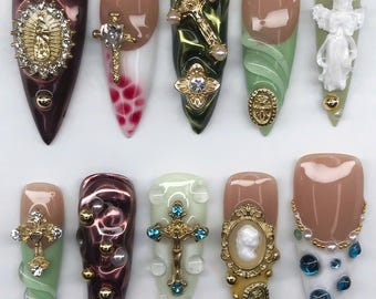 Baroque Angel Press On Nails, 3D Gold Cross Nail Art, Vintage Religious Nail Design, Méh Nails Art
