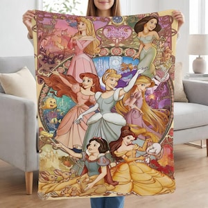 Disney Princess Blanket for Girls, Personalized Cinderella Belle Ariel Fleece Throw, Custom Movie Nursery Bedding, Princess Birthday Gift image 1