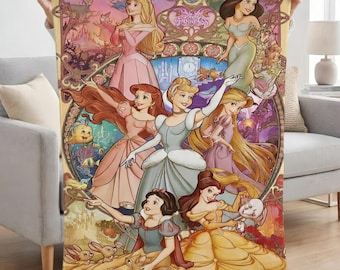 Disney Princess Blanket for Girls, Personalized Cinderella Belle Ariel Fleece Throw, Custom Movie Nursery Bedding, Princess Birthday Gift