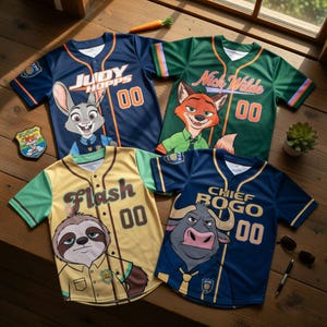 Camisetas de béisbol de Disney Zootopia - Judy Hopps, Nick Wilde, Flash, Jefe Bogo