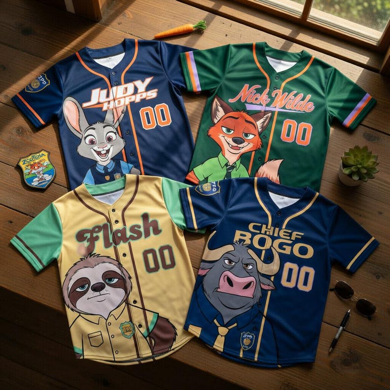 Disney Zootopia Baseball Jerseys - Judy Hopps, Nick Wilde, Flash, Chief Bogo Fan Gear image 1