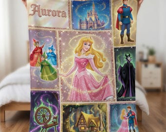 Aurora Sleeping Beauty Fleece Blanket, Princess Throw for Girls Room, Personalized Disney Bedding Gift for Kids, Enchanted Maleficent Decor