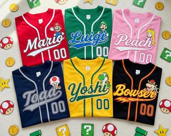 Custom Super Mario Baseball Jersey, Personalized Video Game Birthday Shirt, Mario Luigi Peach Yoshi Toad Bowser Team Matching Outfit