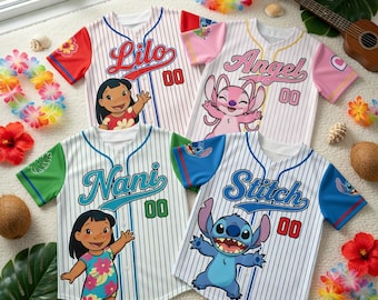 Custom Lilo and Stitch Pinstripe Baseball Jerseys featuring Angel and Nani Characters