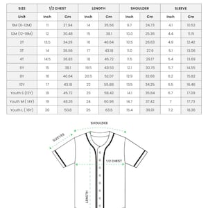 May include: Diagram of a youth baseball jersey with size chart. The chart includes measurements in inches and centimeters for chest, length, shoulder, and sleeve. The jersey is white with black trim and a button-up front.