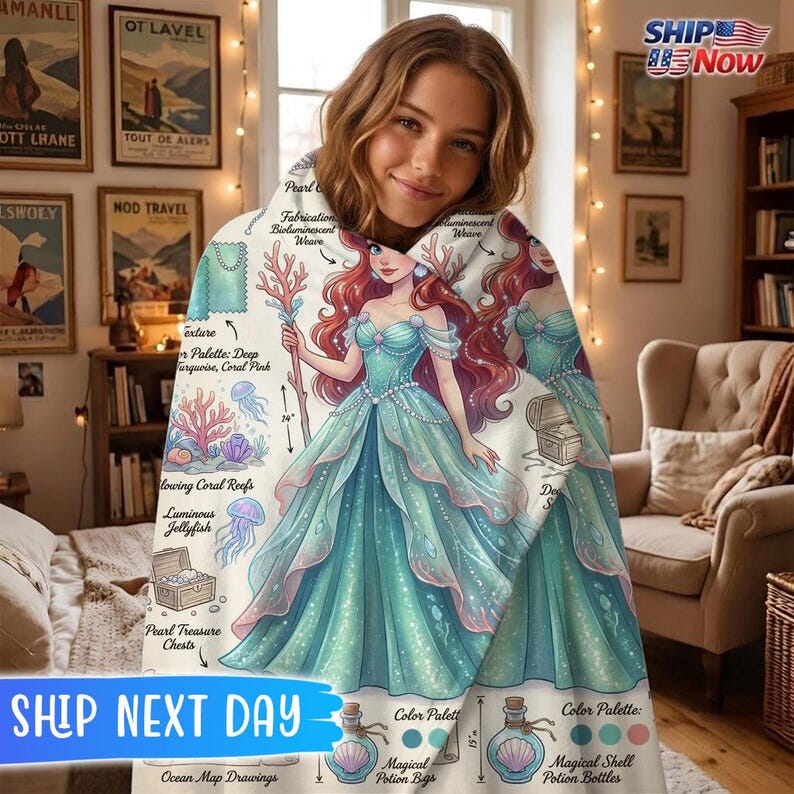 Mermaid Princess Concept Art Baby Blanket, Under the Sea Nursery Decor, Personalized Nautical Swaddle, Ariel Inspired Fleece Birthday Gift image 4