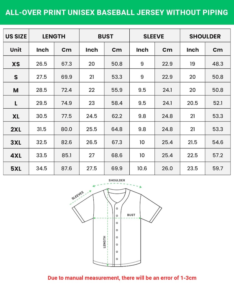 May include: A chart detailing the measurements of a unisex baseball jersey without piping. The chart includes US sizes, length in inches and centimeters, bust in inches and centimeters, sleeve in inches and centimeters, and shoulder in inches and centimeters.