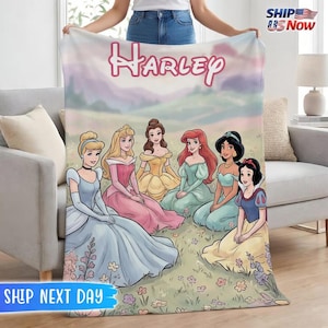 Personalized Disney Princess Blanket for Girls, Custom Name Cinderella Ariel Belle Fleece Throw, Nursery Bedding, Toddler Birthday Gift image 1