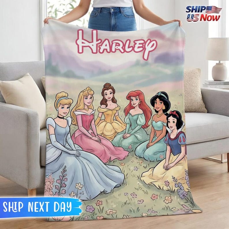 Personalized Disney Princess Blanket for Girls, Custom Name Cinderella Ariel Belle Fleece Throw, Nursery Bedding, Toddler Birthday Gift image 1