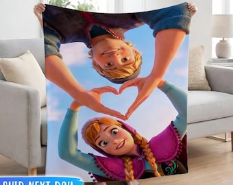 Personalized Frozen Anna and Kristoff Blanket, Custom Disney Movie Nursery Bedding, Heart Hands Fleece Throw, Romantic Couple Gift
