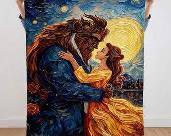 美女と野獣 星月夜ブランケット、ゴッホ風ベルと野獣フリーススロー、パーソナライズされた映画アートキルト、ロマンチックなギフト