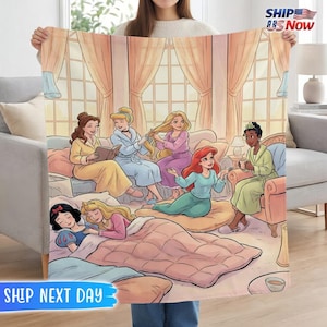ディズニープリンセスのお泊まり会用ブランケット、ベル、シンデレラ、アリエルのカスタムフリーススロー、女の子の子供部屋用パーソナライズ寝具、誕生日プレゼント 画像 1