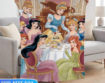 Disney Princess Tea Party Blanket for Girls, Custom Cinderella Jasmine Ariel Fleece Throw, Personalized Movie Nursery Bedding, Birthday Gift