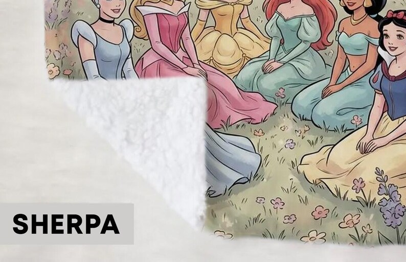 May include: Sherpa blanket featuring a colorful illustration of several cartoon princesses in a grassy field. The princesses are wearing gowns in various colors, including blue, pink, and yellow. The blanket has a soft, white sherpa backing.