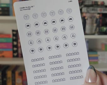 Pixel Icon Sticker Sheet | Media Review Journal Stickers / Video Games / Movies / Books / Music / Stars