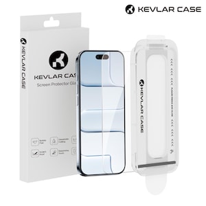 May include: A smartphone screen protector kit. The image shows a clear screen protector, a white box with the "KEVLAR CASE" logo, and a clear plastic application case. The box reads "Screen Protector Glass".