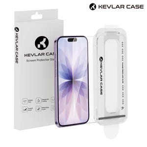 May include: A smartphone screen protector kit, including a phone with a purple and white display, a clear plastic application case, and a white box. The box and case are branded with the "KEVLAR CASE" logo and text.