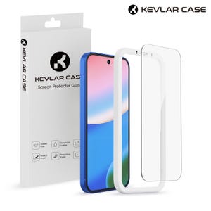 May include: A blue smartphone case with a screen protector and packaging. The packaging is white with the text "KEVLAR CASE" and "Screen Protector Glass". The screen protector is clear with a white frame. The phone screen displays a colorful image.