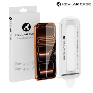 Könnte beinhalten: Ein Displayschutz-Kit für ein Telefon, mit einem transparenten Displayschutz, einem Telefon und einer weißen Box. Die Box und das Etui sind mit dem Text "KEVLAR CASE" beschriftet. Das Telefon hat einen orangefarbenen Rahmen.